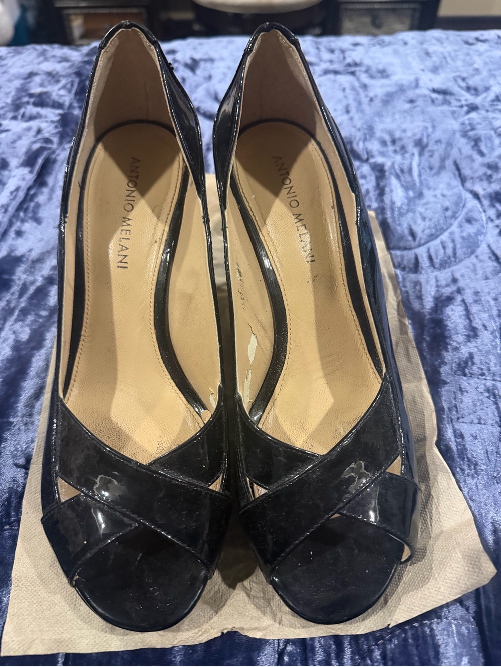 ANTONIO MELANI Black Patent Peep-Toe Heels with Crossover Straps